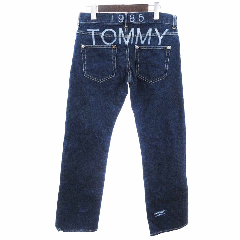 【中古】トミー TOMMY Jeans ジーンズ デニムパンツ ストレート バックロゴ プリント インディゴ ブルー 青 S ■GY31