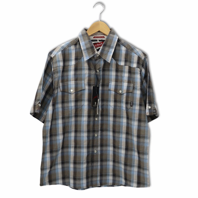 【中古】未使用品 ビラボン BILLABONG フラップポケット 半袖 チェックシャツ M BULE × GRAY ブルー グレー メンズ