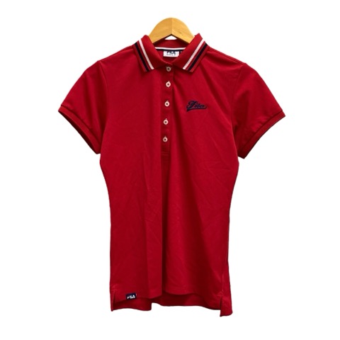 【中古】フィラ FILA ゴルフ ポロシャツ 半袖 ロゴ刺繍 ライン L 赤 レッド 紺 ネイビー 白 ホワイト レディース