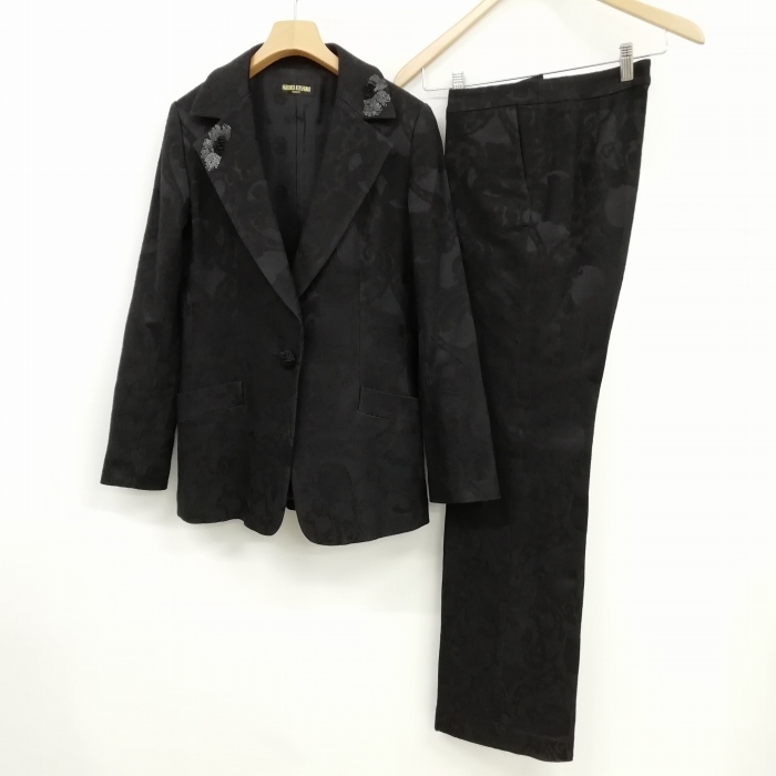 【中古】ヒロココシノ HIROKO KOSHINO ジャカード ビジュ スパンコール 刺繍 パンツ スーツ ブラックフォーマル 38