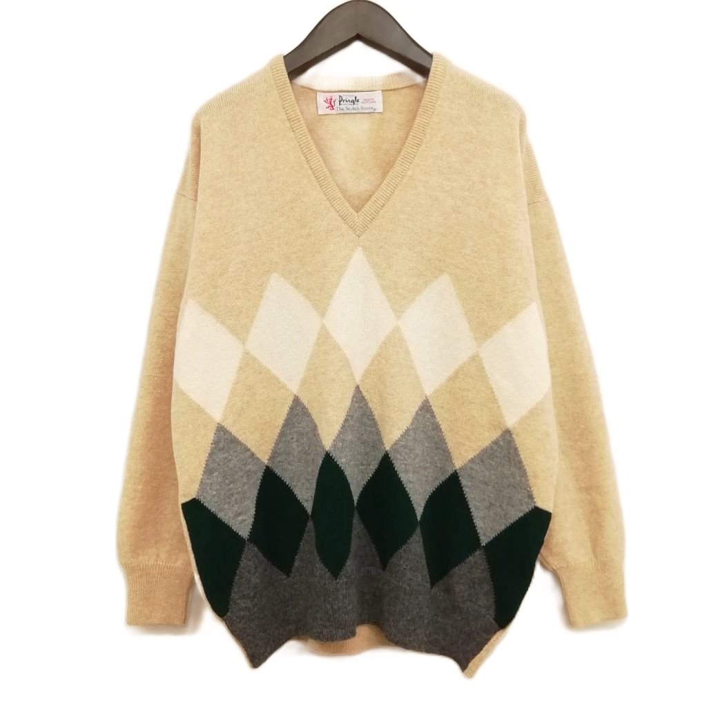 【中古】プリングル Pringle ヴィンテージ スコットランド製 Vネック アーガイル ニット セーター 美品 M ベージュ系