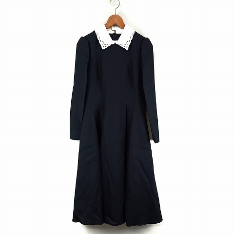 【中古】フォクシー FOXEY Knit Dress Precieuse 白襟 ワンピース 38 黒 ネイビー系 ミッドナイトブルー レディース