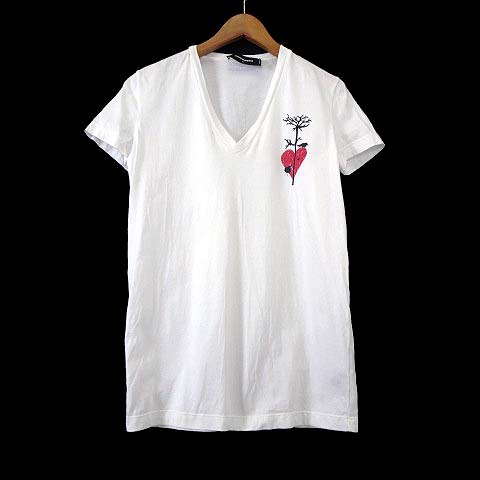 【中古】ディースクエアード DSQUARED2 Tシャツ カットソー Vネック 半袖 ロゴ 刺繍 S 白 ホワイト 国内正規品