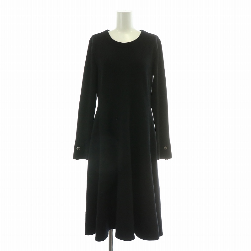 【中古】フォクシー FOXEY 24AW Noel フレアワンピース ニット ミモレ ロング 長袖 クルーネック ウール 40 黒