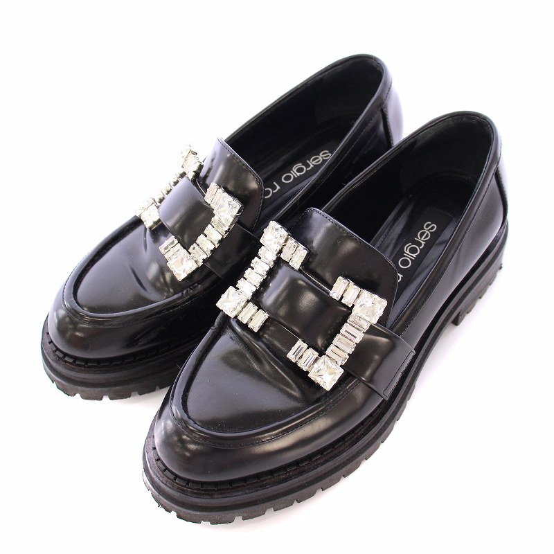 【中古】セルジオロッシ Sergio rossi SR PRINCE SRプリンス ローファー 厚底 タンクソール レザー ビジュー 黒