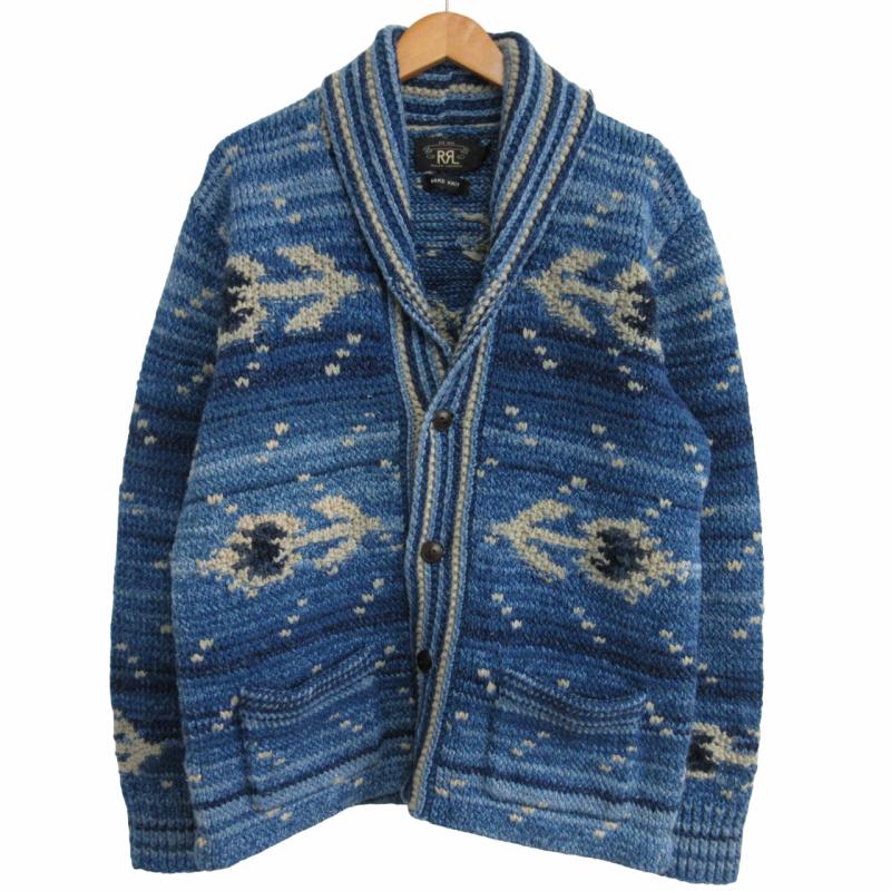 【中古】 RRL ラルフローレン 美品 HAND KNIT CARDIGAN ハンドニット ショールカラー カーディガン ブルー L