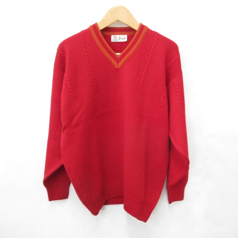 【中古】プリングル Pringle ニット セーター 古着 長袖 Vネック ウール 英国製 赤 オレンジ レッド M メンズ