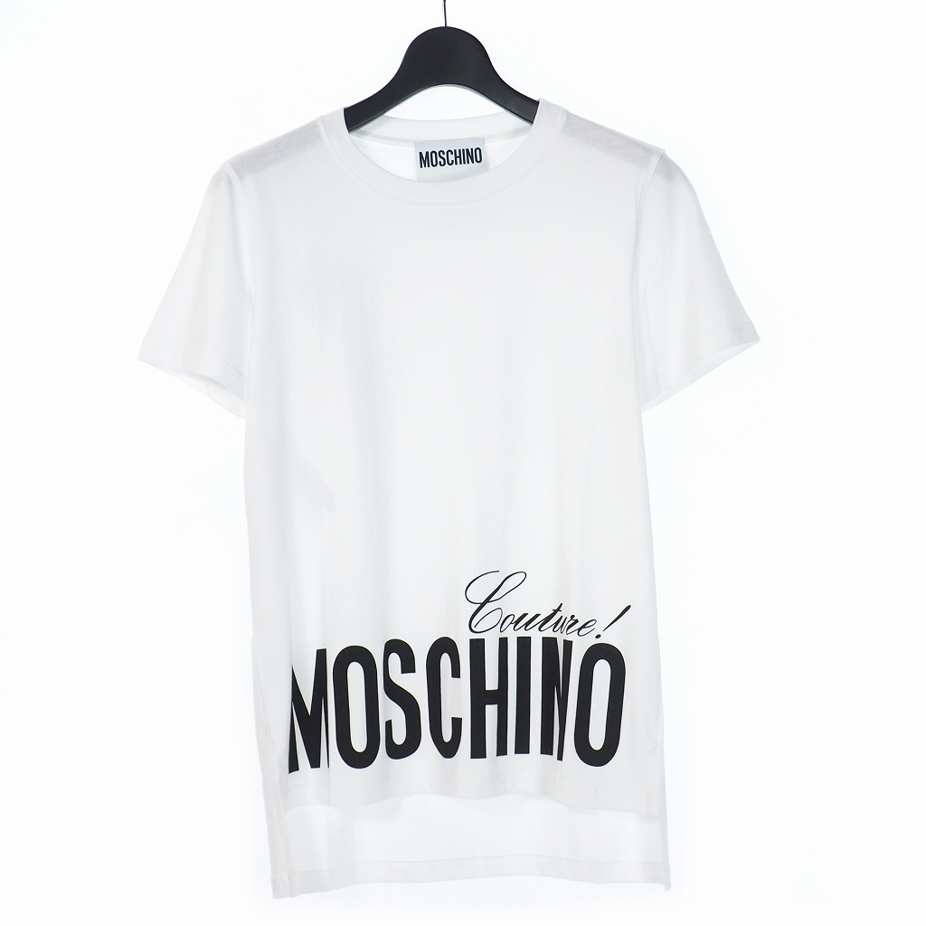 【中古】未使用品 モスキーノ MOSCHINO ロゴ プリント アシンメトリ Tシャツ カットソー 半袖 40 ホワイト 白 A0703