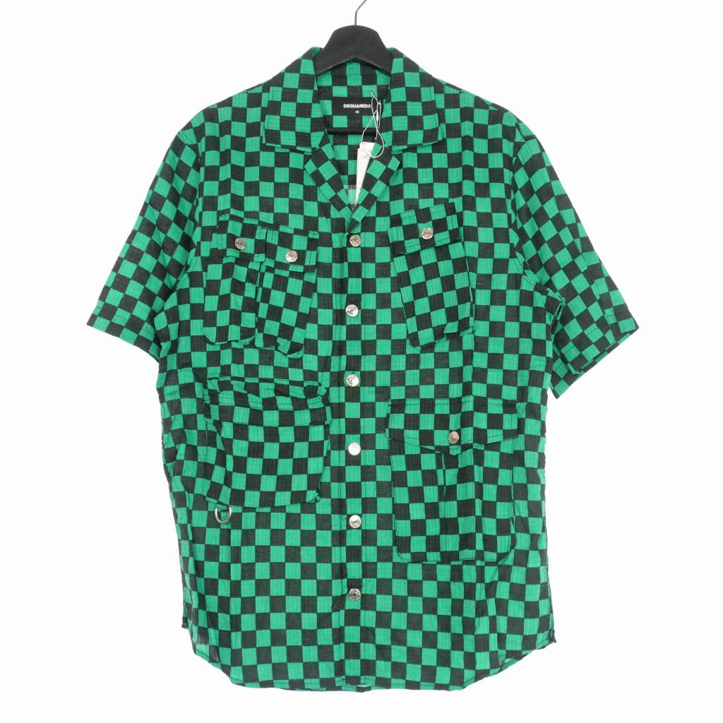 【中古】ディースクエアード DSQUARED2 22SS チェック柄 オープンカラーシャツ 半袖 48 グリーン 緑 S71DM0536