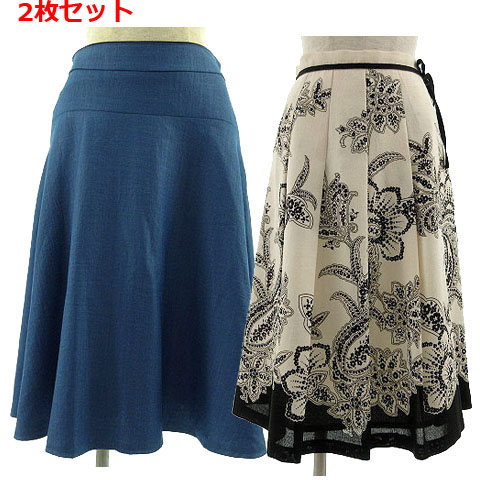 【中古】ブギウギ BOOGIE WOOGIE スカート 2枚セット フレア ミディ丈 日本製 ブルー 青 ベージュ ブラック 黒 36 38