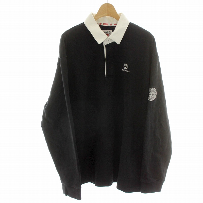 【中古】シュプリーム 21AW ティンバーランド ラグビーシャツ ラガーシャツ 比翼ボタン パイル地 裏毛 L 黒 白