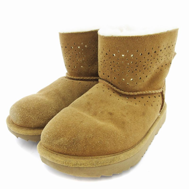 【中古】アグ UGG ムートンブーツ ショート ボア リボン ビジュー 21cm ベージュ /JS レディース