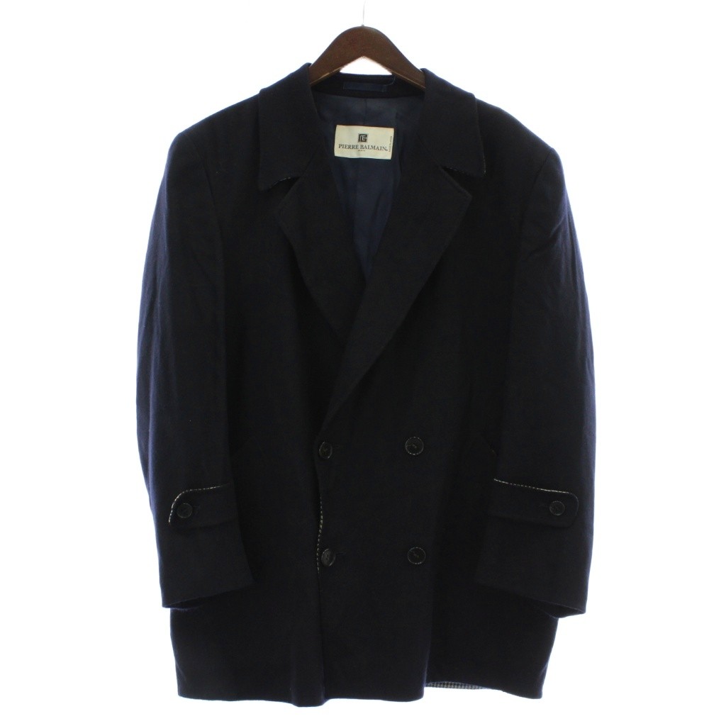【中古】ピエールバルマン PIERRE BALMAIN テーラードジャケット ダブル 4B 背抜き 肩パッド 裏地千鳥柄 紺 ネイビー
