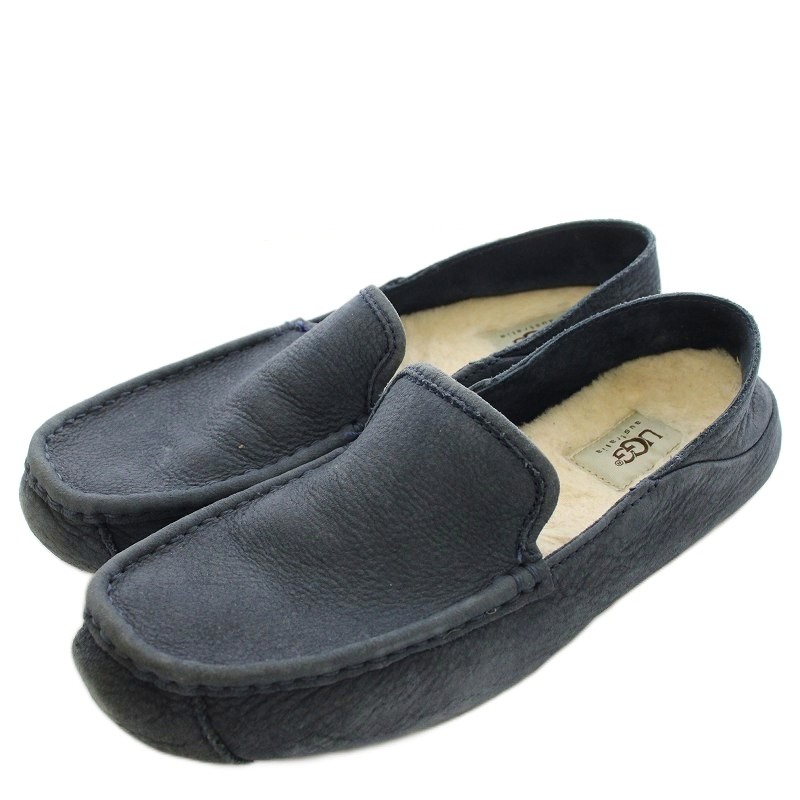【中古】アグ オーストラリア UGG australia HUNLEY ハンリー スリッポン 羊革 シープスキン モカシン US8 ネイビー