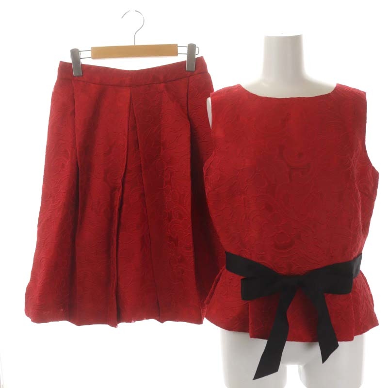【中古】キャロリーナヘレラ CH フラワー刺繍サテンセットアップ ブラウス スカート リボン付き 4 赤 黒 レディース