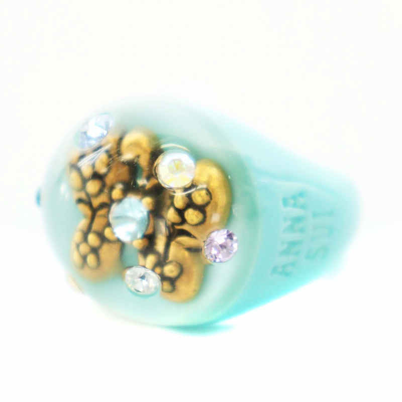 【中古】アナスイ ANNA SUI 指輪 リング 蝶々モチーフ ラインストーン プラスチック 14号 水色 レディース
