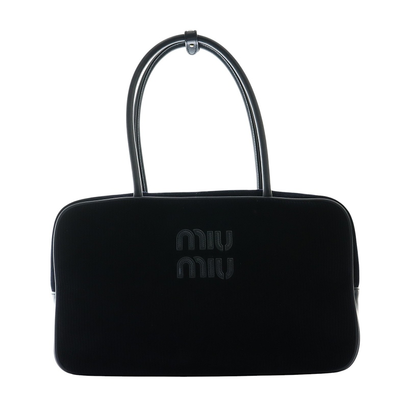 【中古】ミュウミュウ miumiu 24AW コーデュロイ トップハンドル ボー バッグ トート ロゴ 紺 ネイビー 5BB163