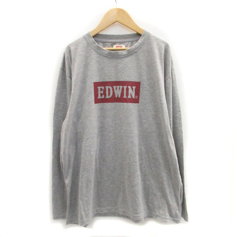 【中古】エドウィン EDWIN Tシャツ カットソー 長袖 ラウンドネック ロゴプリント 大きいサイズ LL グレー メンズ