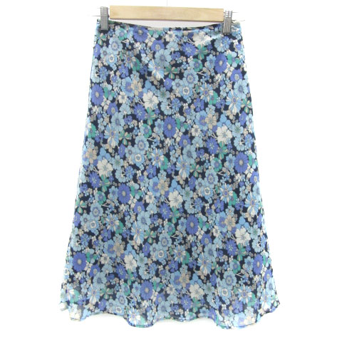 【中古】オゾック OZOC フレアスカート ミモレ丈 花柄 36 S ネイビー 紺 /YM10 レディース