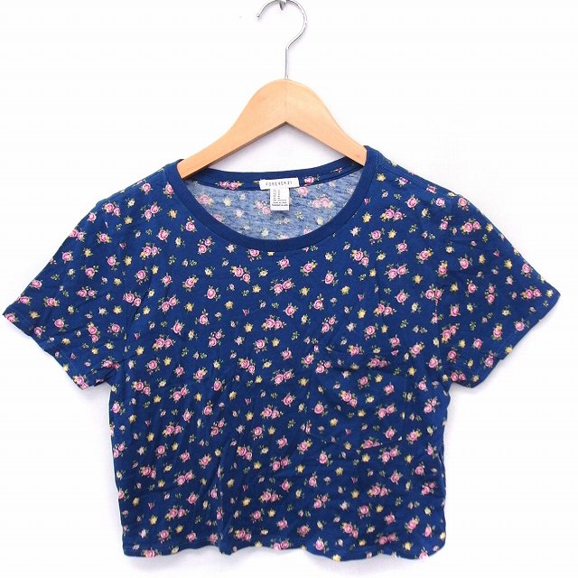 【中古】フォーエバー21 FOREVER21 Tシャツ カットソー 花柄 丸首 半袖 クロップド丈 コットン 綿 M ブルー 青 /FT49