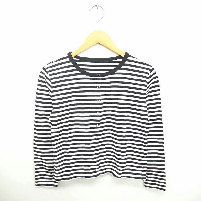 【中古】N.Natural Beauty Basic カーディガン ボーダー 丸首 綿 コットン 長袖 M ホワイト ブラック 白 黒 /TT37