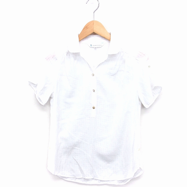【中古】クミキョク 組曲 KUMIKYOKU チェック柄 シャツ ブラウス 半袖 オープンカラー 丸衿 S2 ホワイト 白 /FT17