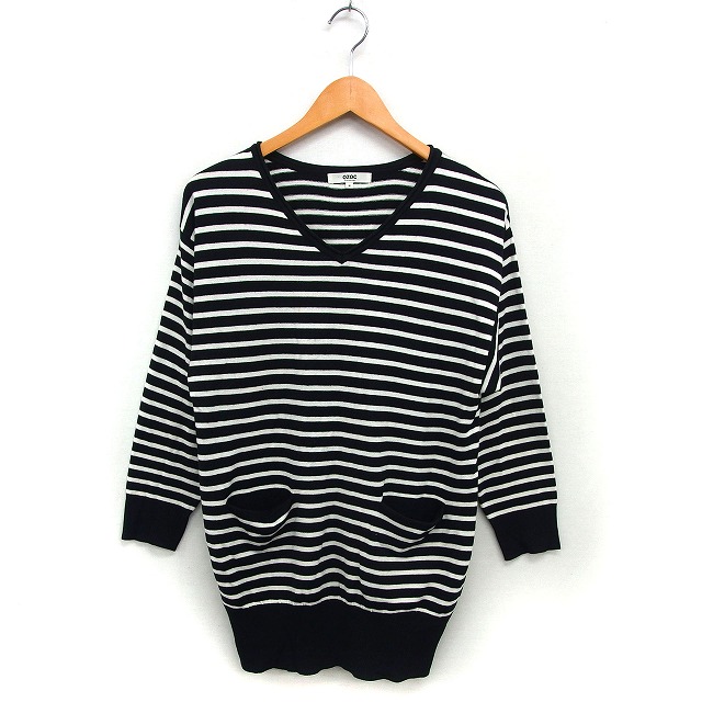 【中古】オゾック OZOC ニット セーター Vネック ボーダー リブ ゆったり 長袖 38 黒 ブラック /NT20 レディース