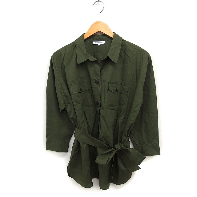 【中古】ナチュラルビューティーベーシック NATURAL BEAUTY BASIC ミリタリー シャツ 7分袖 リボン 無地 綿混 S
