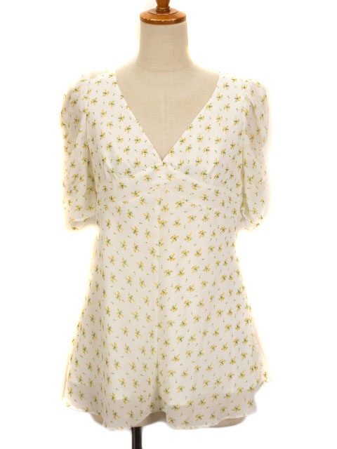 【中古】オゾック OZOC カットソー ブラウス 総柄 Vネック フリル 半袖 シフォン 38 白 ホワイト レディース