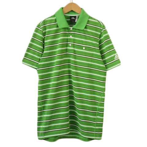 【中古】アディダス adidas CLIMALITE ポロシャツ ボーダー 半袖 L 国内正規 緑 グリーン メンズ