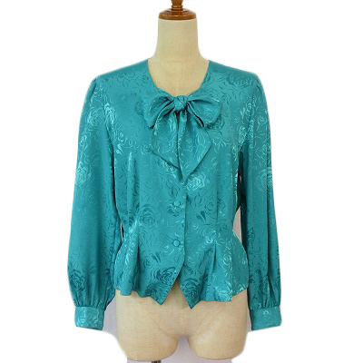【中古】ピエールバルマン PIERRE BALMAIN ヴィンテージ ブラウス 花柄 ボウタイ リボン サテン B-82 青 レディース