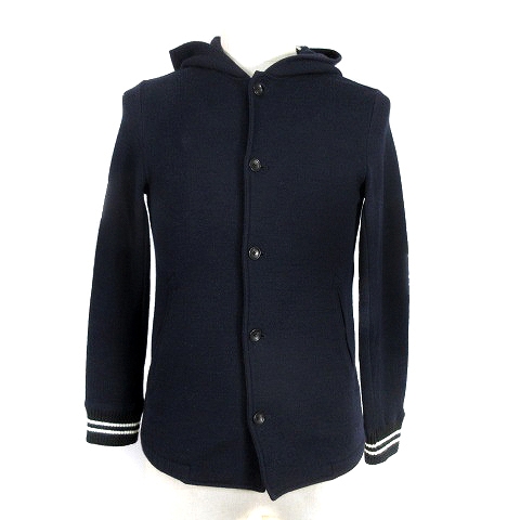 【中古】B & Y ユナイテッドアローズ コート ジャケット フード ショート 長袖 ウール 薄手 ライン S 紺 メンズ