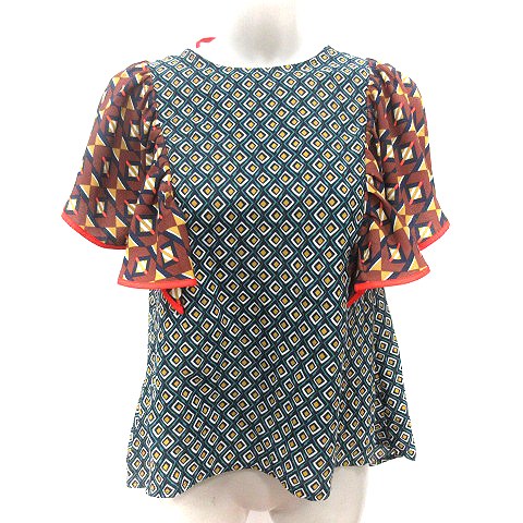 【中古】フリーズマート Free's Mart シャツ ブラウス フリル バックリボン 総柄 フレンチスリーブ F 紺 ネイビー /AU