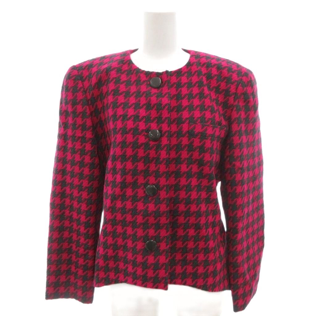 【中古】ピエールカルダン Pierre Cardin ノーカラージャケット ウール 9 ピンク 千鳥格子柄 /FF ■GY60 レディース