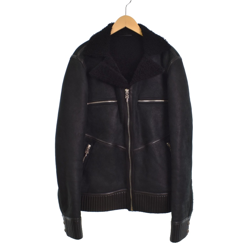 【中古】クロムハーツ CHROME HEARTS シアリング ボンバー ムートン レザー ジャケット ライダース M 黒 ブラック