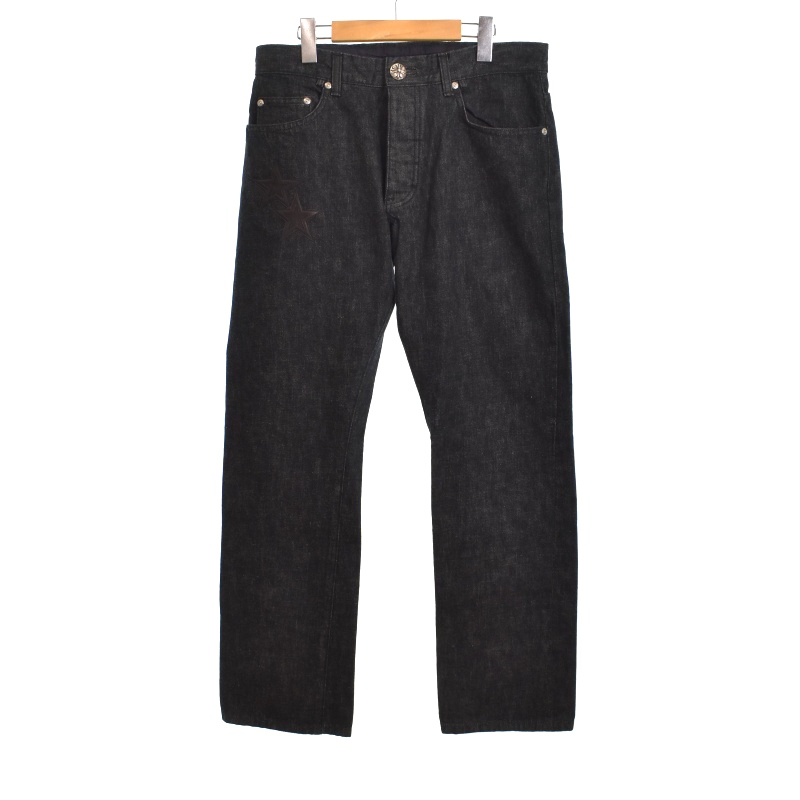 【中古】クロムハーツ CHROME HEARTS JEAN SL FLEURKNEE フレアニー スターレザーパッチ デニムパンツ ジーンズ 32 黒
