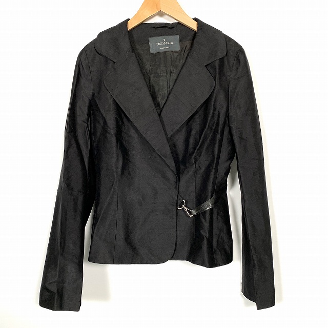 【中古】トラサルディ TRUSSARDI シルク100% ジャケット 上着 長袖 豚革 黒 ブラック 40 レディース