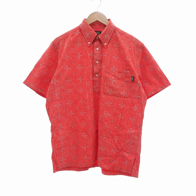 【中古】エーグル AIGLE プルオーバーシャツ ハーフボタン BD 半袖 リバースプリント L 赤 レッド /UO メンズ