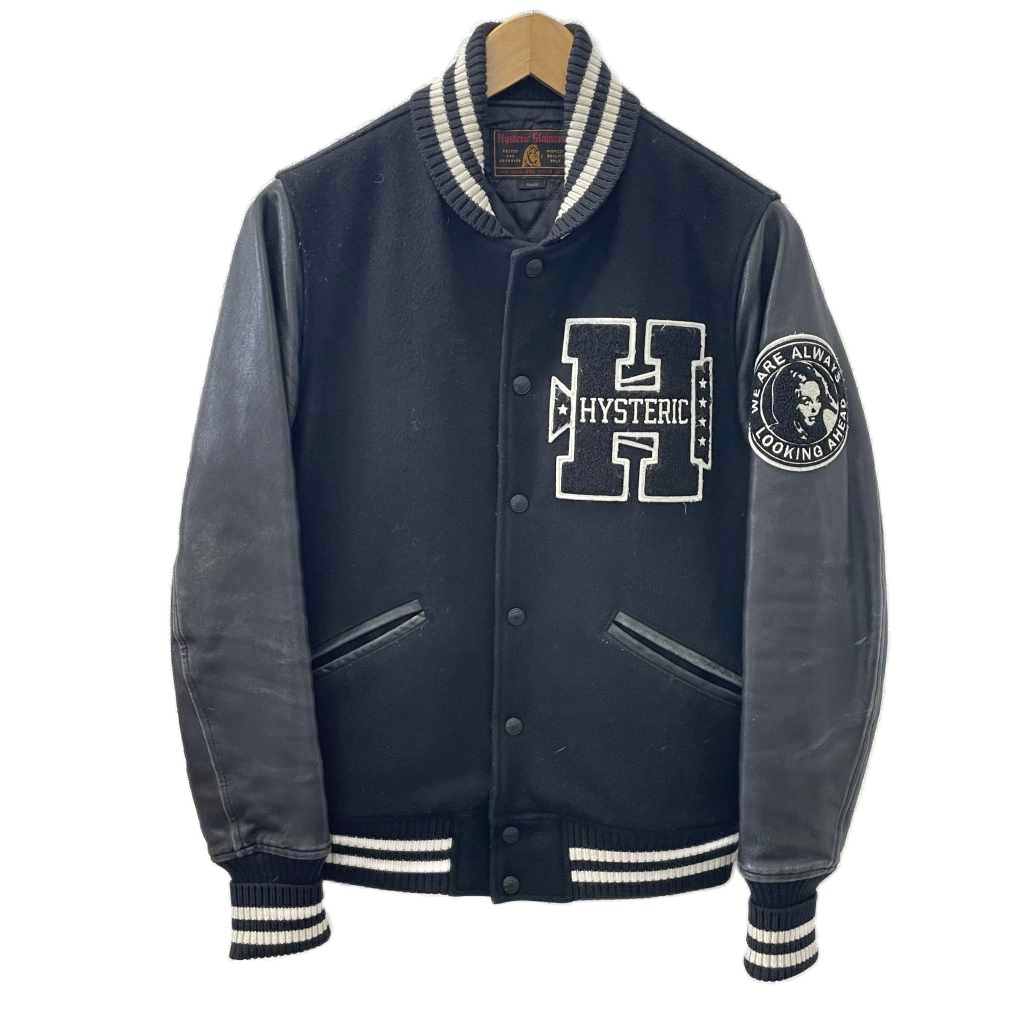 【中古】ヒステリックグラマー 14AW H COLLEGE スタジャン 袖レザー ワッペン 羊革 S 黒 ブラック 白 ホワイト